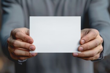A6 Flyer / Postcard / Invitation Mock-Up - Male hands holding a blank flyer on a gray background.