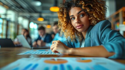 Fototapeta premium Young Professional Analyzing Financial Reports. Young professional woman with curly hair analyzing financial reports during a business meeting in a modern office, reflecting focus and diligence.