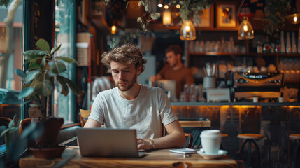 A young entrepreneur working on a laptop in a trendy cafe with a cup of coffee and a focused expression