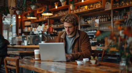 A young entrepreneur working on a laptop in a trendy cafe with a cup of coffee and a focused expression