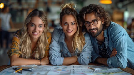 Happy Team Collaborating on Business Project. Happy team of three young professionals collaborating on a business project in a modern office, showcasing teamwork and positive work environment.