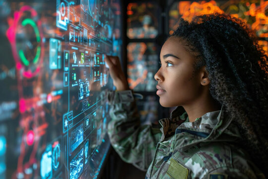 In the futuristic setting, a group of diverse and beautiful students and soldiers use holographic screens and AI technology to enhance their education and military training.