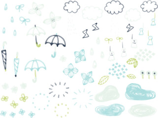 梅雨の季節の水彩系シンプル素材セット
