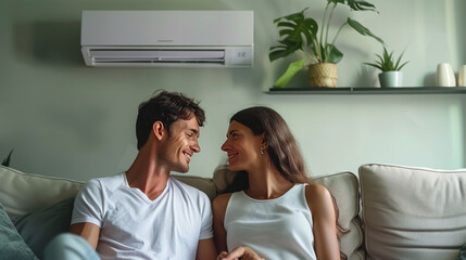 Happy couple sitting on a couch under an air conditioner, enjoying a comfortable and cool indoor environment.