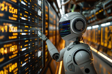 Financial data protected by holographic screens displaying real-time market trends, with a robot assistant monitoring security measures.