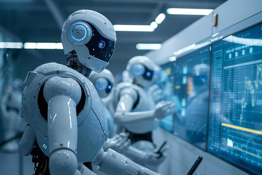 team of AI-powered robots assisting a group of beautiful accountants working on holographic screens to manage online invoices efficiently.