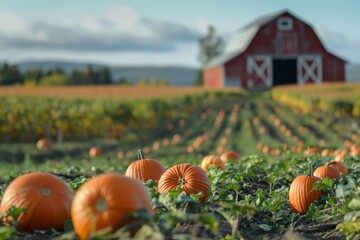 A vivid pumpkin field filled with bright orange pumpkins under a partly cloudy sky, with a rustic red barn and distant mountains providing a picturesque autumn backdrop.