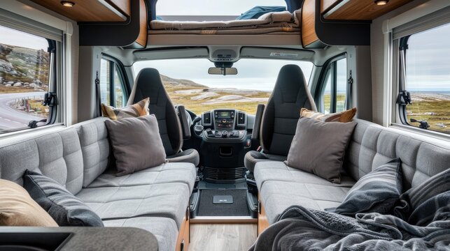 A comfortable motorhome interior with a view of a scenic lake