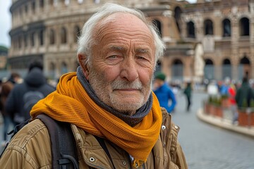 senior man backpacking through Rome