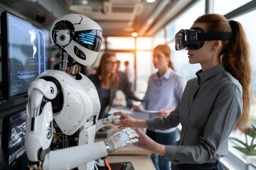Futuristic scene with holographic screens and AI assistants assisting beautiful businesspeople in an elevated view office setting.