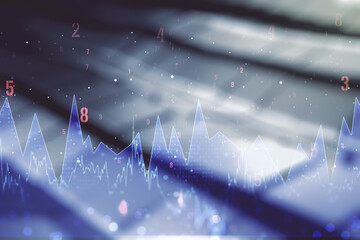 Multi exposure of stats data illustration on blurry abstract metal background, computing and analytics concept