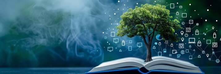 A visually stunning digital graphic displaying a tree sprouting from an open book, symbolizing growth, knowledge, and technology amid a foggy background.