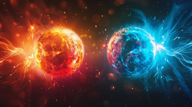 Two glowing balls of energy, one red and the other blue, colliding in space with rays of light emanating from their center.