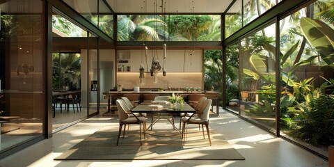 Obraz premium Stylish Modern Dining Room Bathed in Natural Light with Chic Glass Table, Designer Chairs, and Stunning Tropical Outdoor View. AI-Generated High-Resolution Wallpaper in Warm Tones
