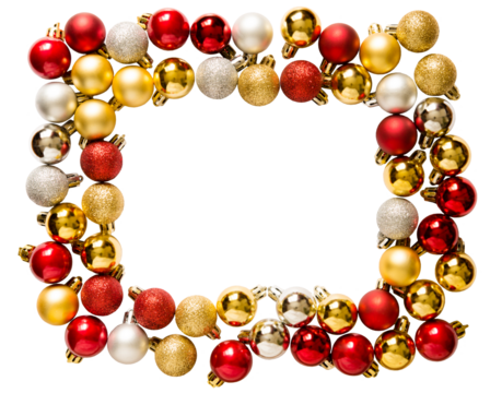Christmas toys red, gold and silver balls in PNG isolated on transparent background, horizontal frame - Powered by Adobe