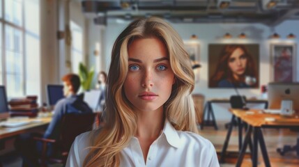 A Portrait Of A Young White Woman In A Busy Modern Workplace, Her Expression Confident And Ready To Tackle The Day