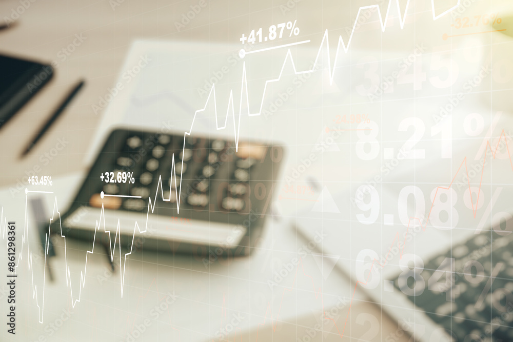 Poster abstract virtual financial graph hologram on blurry calculator and computer background, financial an