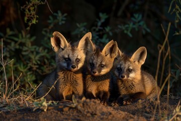 Fototapeta premium Bat-eared fox (Otocyon megalotis) cubs by den at dawn, Laikipia County, Kenya