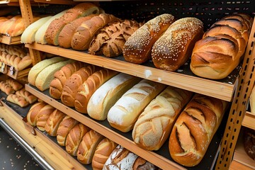Bread buns and assorted loaves filling bakery shelves, showcasing a wide selection of freshly baked breads in a supermarket setting.