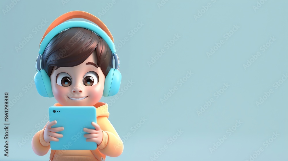 Wall mural A 3D cartoon boy wearing headphones and looking at a tablet.