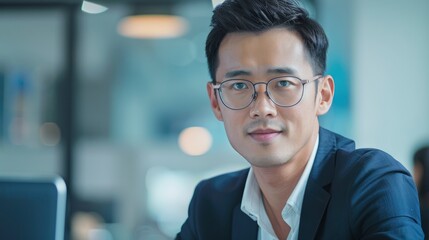 Obraz premium A Smart, Attractive, Positive Asian Business Male Wearing Glasses, Working Remotely With A Sense Of Purpose
