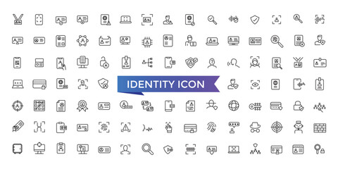 Identity icon collection. Related to ID card, biometric, fingerprint, identification, passport, DNA and authentication icons.