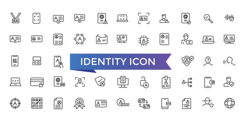 Identity icon collection. Related to ID card, biometric, fingerprint, identification, passport, DNA and authentication icons.