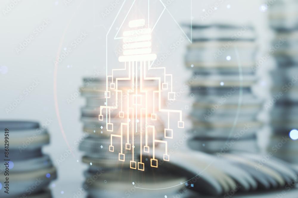Aufkleber Virtual creative idea concept with light bulb and microcircuit illustration on stacks of coins background. Neural networks and machine learning concept. Multiexposure