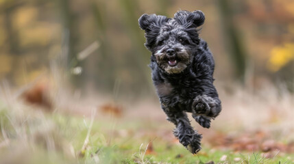 Fototapeta premium A black bolonka dog is running through a field of grass, training in park