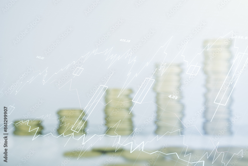 Poster multi exposure of virtual creative financial chart hologram on growing stacks of coins background, r