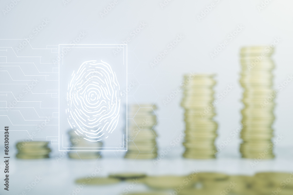 Poster Abstract virtual fingerprint hologram on stacks of coins background. Multiexposure