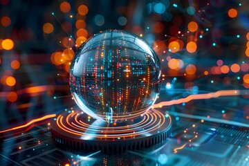 Crystal ball surrounded by data streams, symbolizing predictive analytics in CRM for accurate customer insights and decision-making.