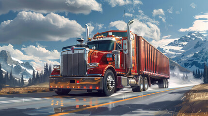 A bright red truck drives down a scenic mountain road under a blue sky with clouds and snow-capped peaks.