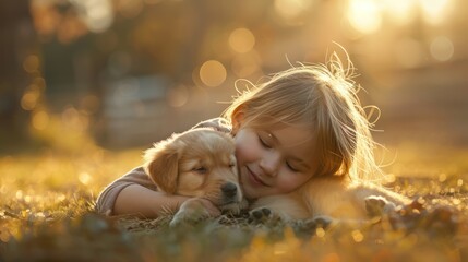 A child playing with a puppy in a sunny backyard, with the playful interaction and joyful expressions capturing the innocence and happiness of childhood and the bond between children and pets