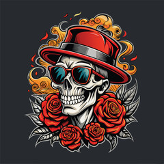 a skull wearing sunglasses and a stylish hat with beautiful roses. the design can be used to t-shirt, emblem and more