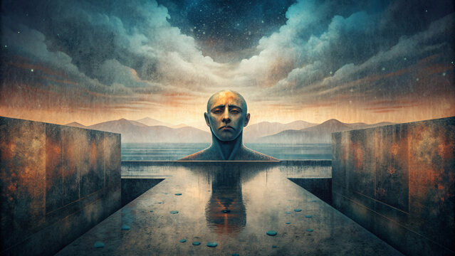 An abstract person through a dark, polluted world, blending fantasy with a hint of horror