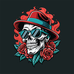 a skull wearing sunglasses and a stylish hat with beautiful roses. the design can be used to t-shirt, emblem and more