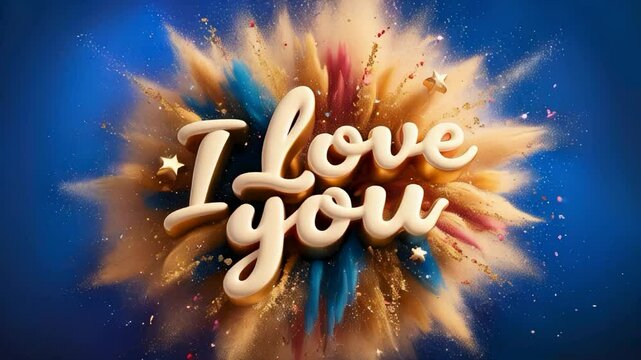 A vibrant 'I Love You' animation text crafted with 3D digital calligraphy in a playful, handwritten style, adorned with a whimsical dust sprinkle particle effect that bursts forth in a joyful