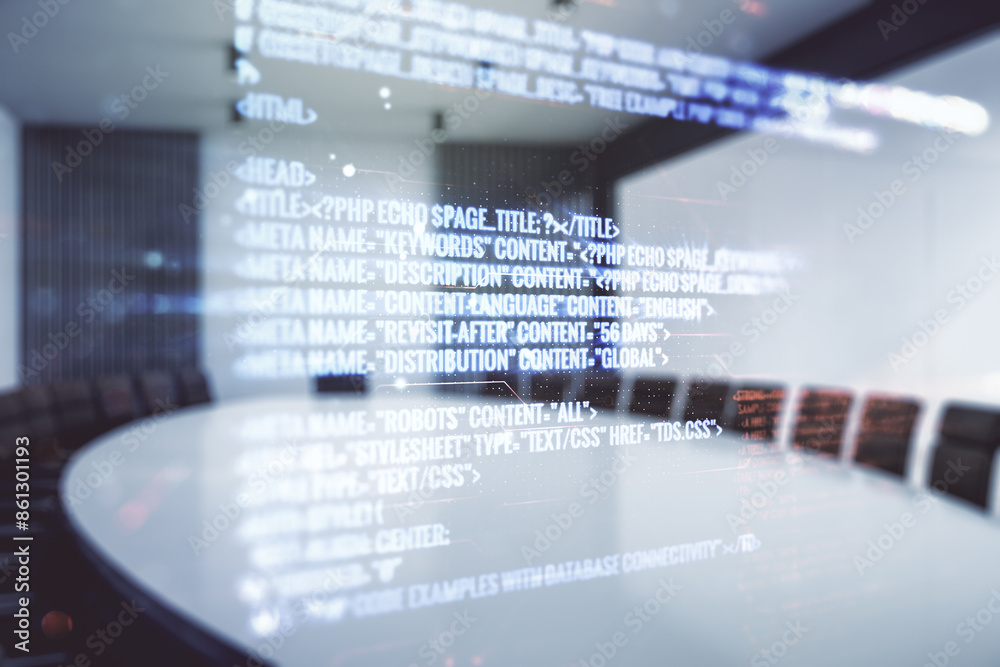 Aufkleber multi exposure of abstract creative coding sketch on a modern conference room background, artificial