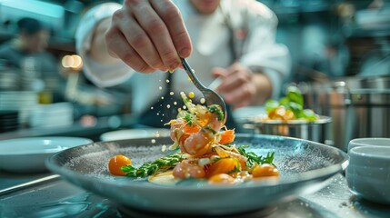 A chef meticulously preparing a gourmet dish in a high-end restaurant kitchen, highlighting culinary excellence and creativity