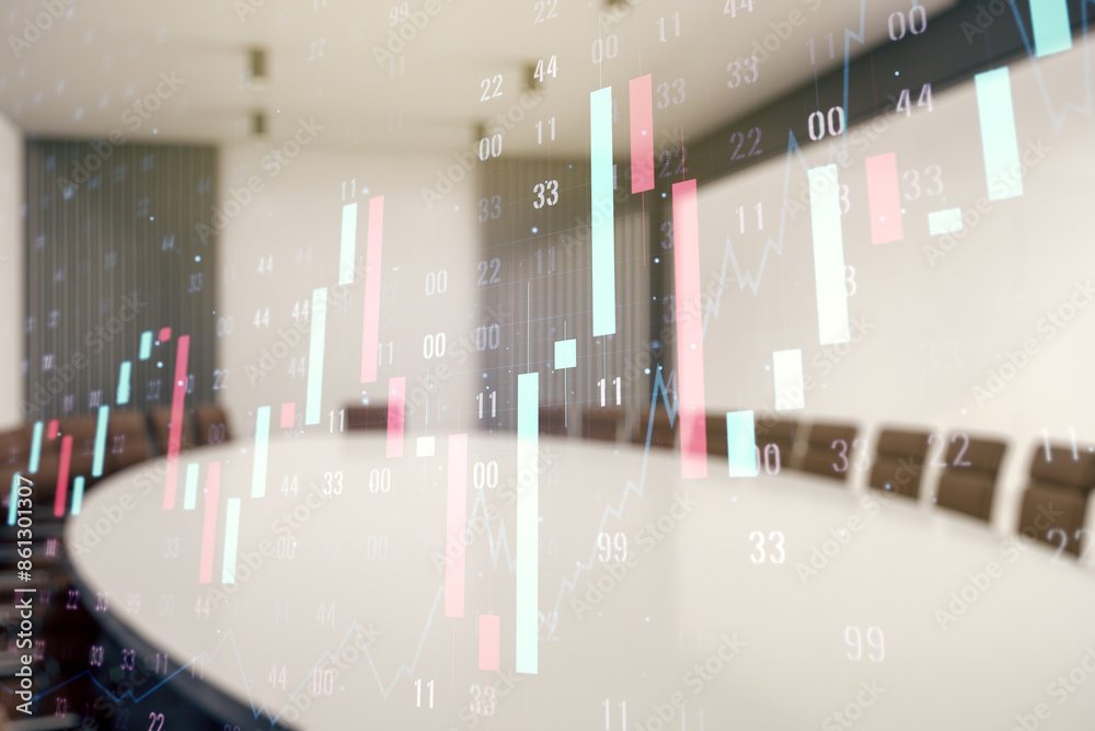 Poster multi exposure of virtual abstract financial graph interface on a modern coworking room background, 