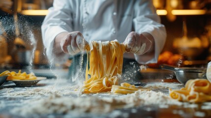 A chef making fresh pasta in an authentic Italian kitchen, with flour dusting the counter and pasta hanging to dry, showcasing traditional culinary skills and the art of homemade pasta
