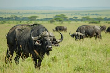 Obraz premium Buffalo family grazing 