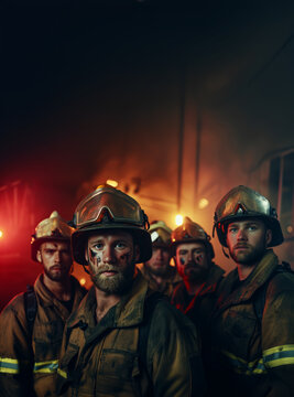 Courageous firefighters posing in front of fiery background. Generative AI image