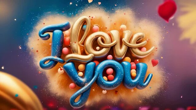 A vibrant 'I Love You' animation text crafted with 3D digital calligraphy in a playful, handwritten style, adorned with a whimsical dust sprinkle particle effect that bursts forth in a joyful