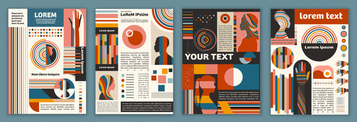 Diversity equality inclusion belonging. Silhouettes of People from Diverse Cultures. DEIB concept. Template for flyer leaflet cover or poster in minimalist geometric modern retro style