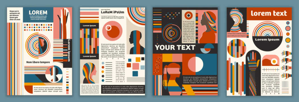 Diversity equality inclusion belonging. Silhouettes of People from Diverse Cultures. DEIB concept. Template for flyer leaflet cover or poster in minimalist geometric modern retro style