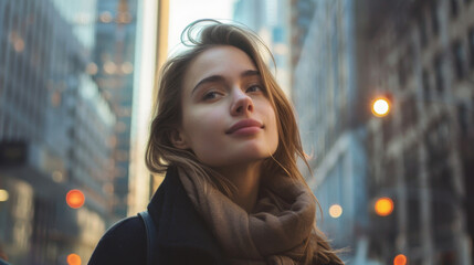 Young woman in a city street, looking confident and serene, with tall buildings in the background during twilight.