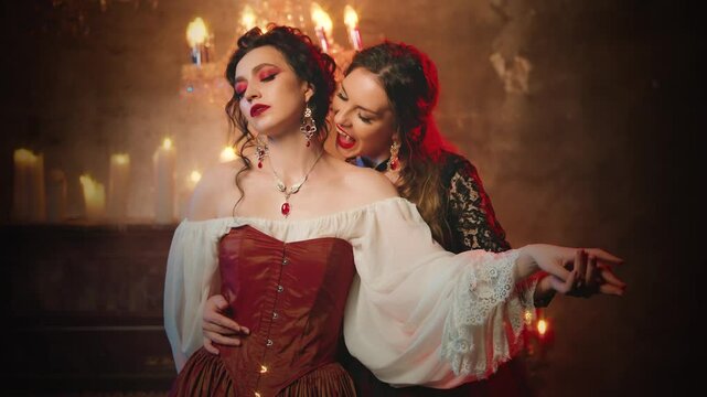 Two women vampires. beauty woman Fantasy lady evil face vampire queen girl biting victim neck drinking blood with sharp fangs teeth red lips makeup close-up. dark night room gothic old style art 4k