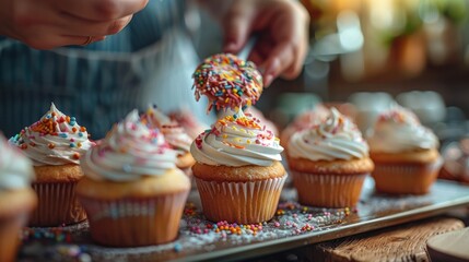 A baker decorating a batch of cupcakes in a home kitchen, with colorful icing and sprinkles, highlighting the creativity and joy of baking and the delightful results of homemade treats